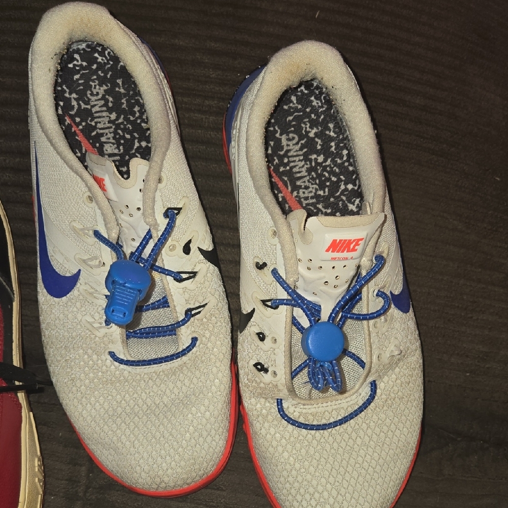 Nike White and Blue Sneakers with Red Soles